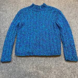 Handmade Hand Knit Womens Sweater Blue Speckled Size Medium Large Cabincore